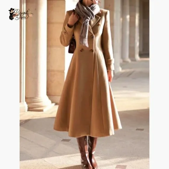 Wool Blended Long Coat Double Breasted Trench Overcoat with Pockets